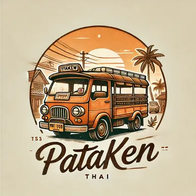 Pataken.comのロゴ。夕日とタイの乗り合いバスのイラスト。